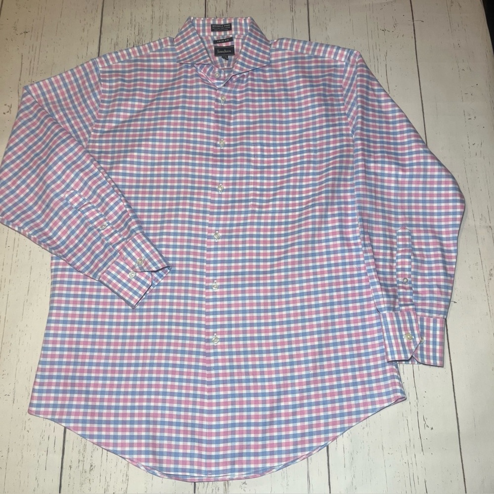 NEIMAN MARCUS Trim Fit Dress Shirt 16.5 32/33 Pink Blue Gingham Wrinkle Free